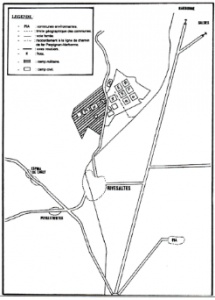 Document reconstitué à partir d'une esquisse et d'informations fournie par Pedro Nadal, dans le livre de Boitel A., Le camp de Rivesaltes 1941-1942 : du centre d'hébergement au "Drancy de la zone libre", page 13.