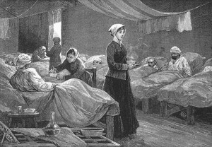 Florence Nightingale à l'hôpital de Scutari, gravure sur bois vers 1880