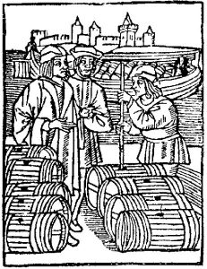 Des marchands de vin dans un port au XVème siècle. (Source : Wikimedia Commons).