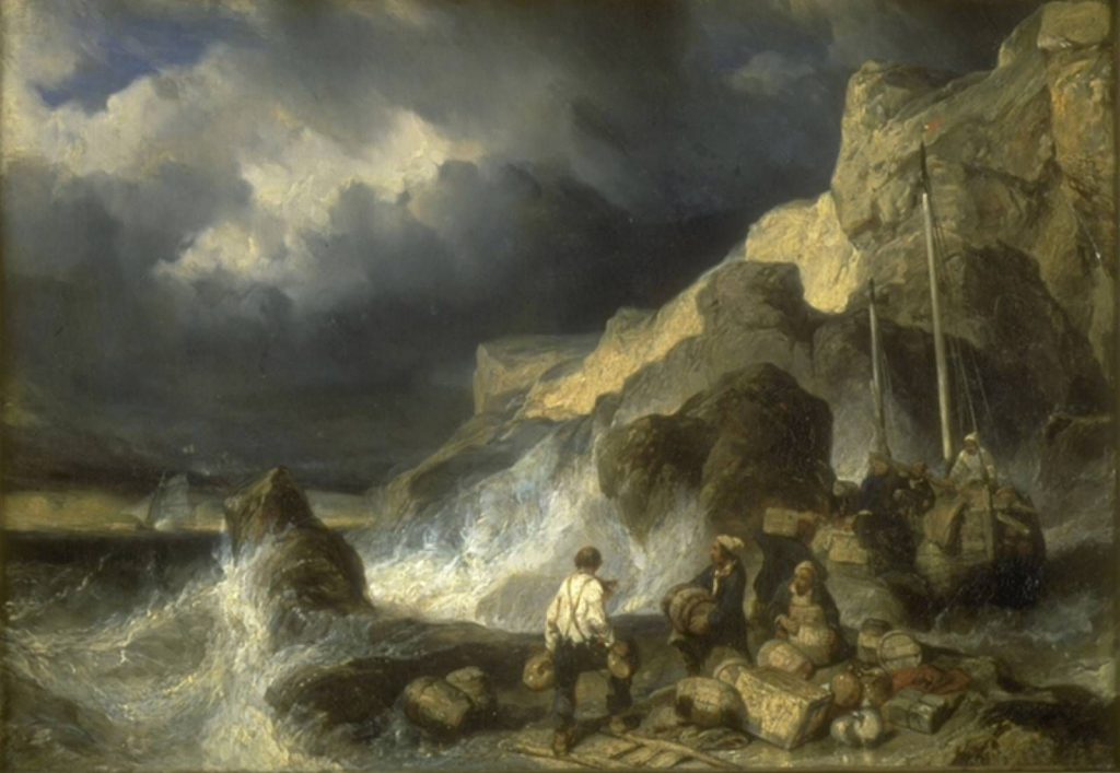 Eugène Isabey, Contrebandiers embarquant des marchandises, Huile sur toile, 1837. Musée de la Chartreuse, Douai.